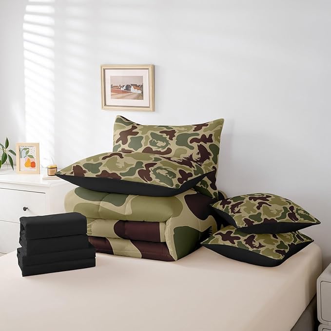 Feelyou Camouflage 7 Pieces Bedding Set King Size Green Camo Hunter Bedding Bed Set Set for Boys Teens Decor Pike Fishing Bed Set Includes Comforter, Sheet Set, Pillowcases Hunting Theme Bedroom