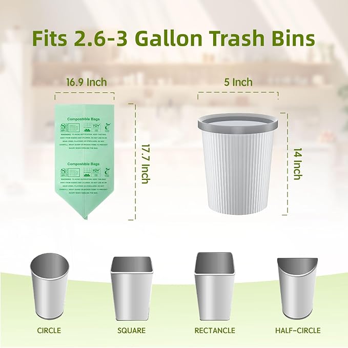 Compostable Trash Bags 3 Gallon, Extra Thick 0.8 Mils, 100 Count, ASTM D6400, BPI, OK Compost Home Certified, Small Kitchen Compost Bags,Green Bin Liners for Food Waste and Composting