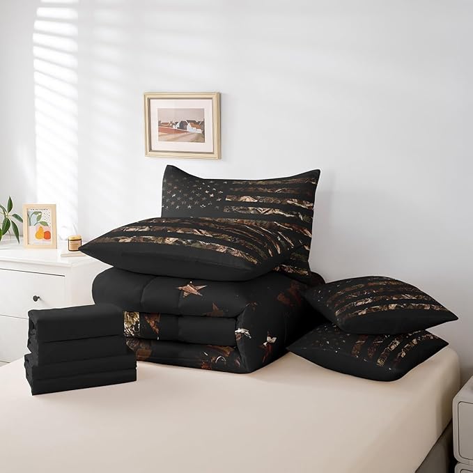 Feelyou American Flag 7 Pieces Bedding Set, King Brown Camouflage Botancial All Season,Bed in a Bag with Comforter, Sheets, Pillowcases Branch Hunting Bed Set Breathable Camouflage Hunter Room Decor