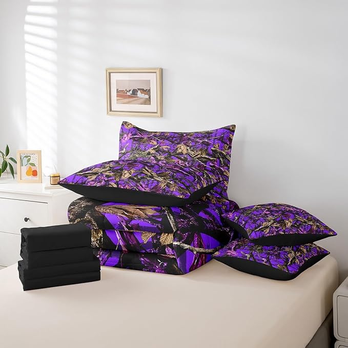 Feelyou Tree Branches 7 Pieces Bedding Set, for Kids Wild Hunting Bed Set Twin Size Botanical Tree Bed in a Bag with Comforter, Sheets, Pillowcases Bedroom Decor Nature Theme Purple Brown