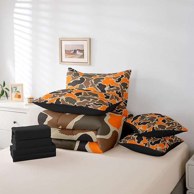 Feelyou Duck Hunter Orange Camouflage Hunting 7 Pieces Bedding Set, Twin Size Black Brown All Season,Bed in a Bag with Comforter, Sheets, Pillowcases Camo Army Bed Set Breathable Wild Room Decor