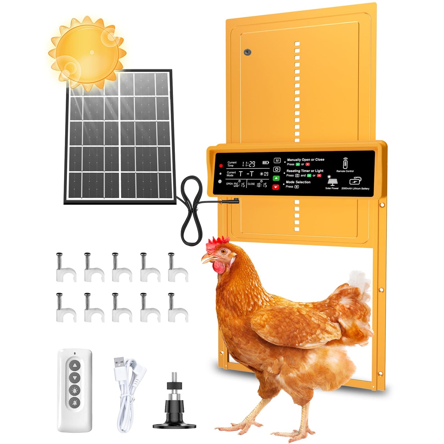 2025 Upgrade 7W Solar Power Chicken Door, Pet Deluxe Automatic Chicken Coop Door with 10PCS Wire Clip, Timer, Light Sensor, LCD Display & Anti-Pinch Durable Aluminum Auto Coop Door with 4 Modes-Gold