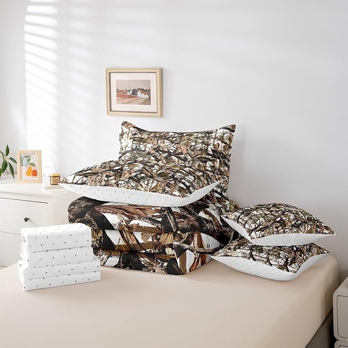 Feelyou Tree Branches 7 Pieces Bedding Set, for Kids Wild Hunting Bed Set Twin Size Botanical Tree Bed in a Bag with Comforter, Sheets, Pillowcases Bedroom Decor Nature Theme White Brown