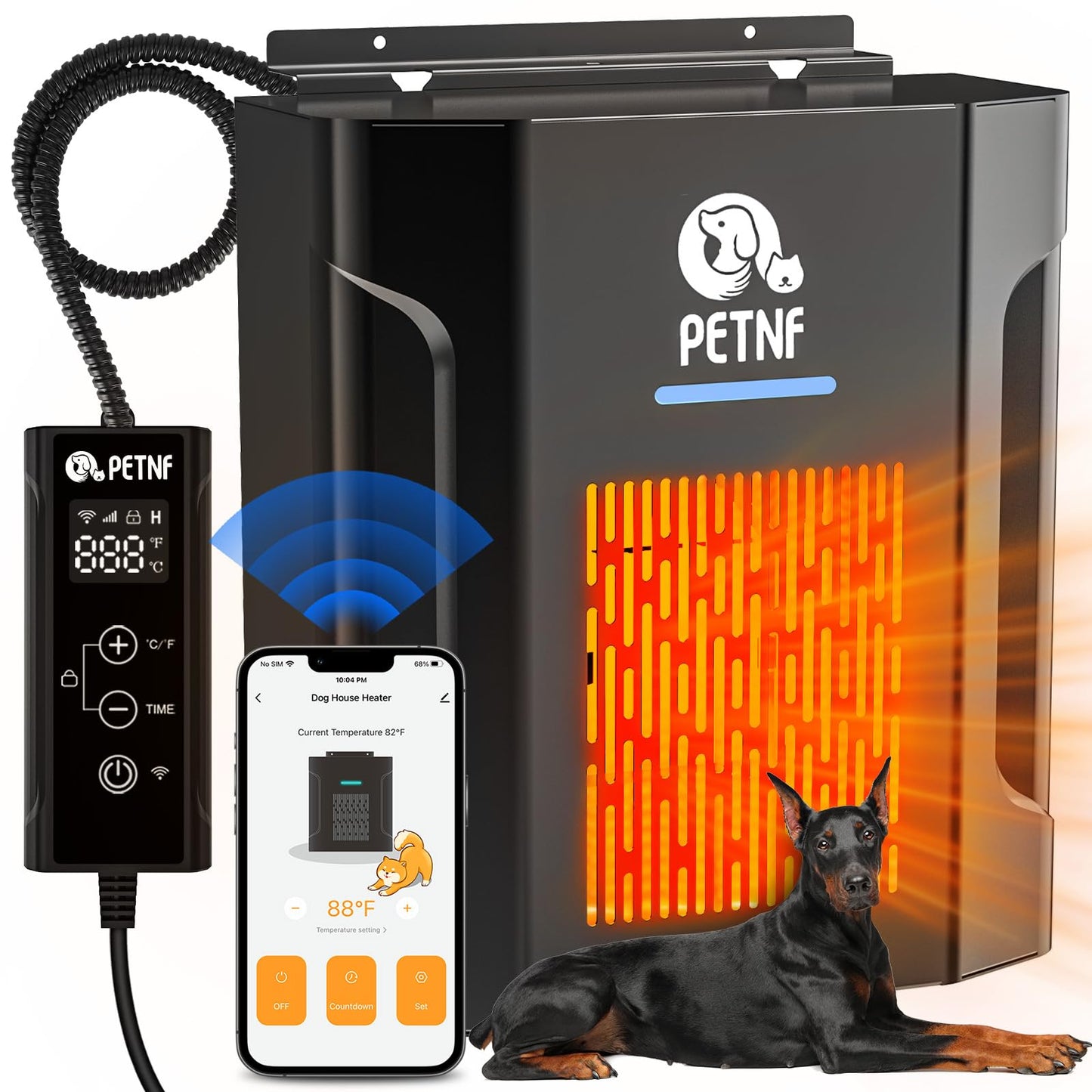 Dog House Heater – 45℉ to 113℉ Thermostat Controlled Pet House Heater with Wifi Remote App Control 300W Fast Heating Energy Saving Eco Mode Safe for Outside Dog House Winter Chicken Coop