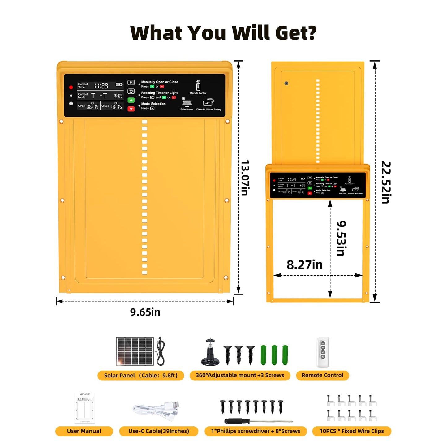 2025 Upgrade 7W Solar Power Chicken Door, Pet Deluxe Automatic Chicken Coop Door with 10PCS Wire Clip, Timer, Light Sensor, LCD Display & Anti-Pinch Durable Aluminum Auto Coop Door with 4 Modes-Gold
