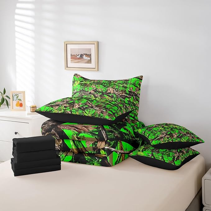 Feelyou Tree Branches 7 Pieces Bedding Set, for Kids Wild Hunting Leaf Bed Set Full Size Botanical Tree Bed in a Bag with Comforter, Sheets, Pillowcases Bedroom Decor Nature Theme Green Brown