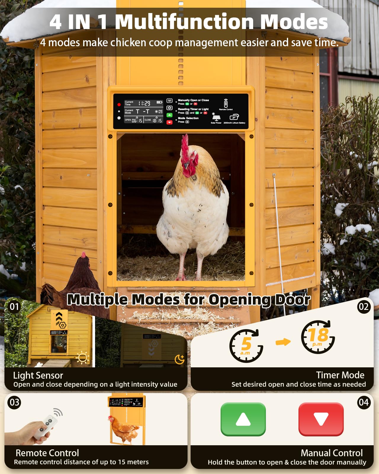 2025 Upgrade 7W Solar Power Chicken Door, Pet Deluxe Automatic Chicken Coop Door with 10PCS Wire Clip, Timer, Light Sensor, LCD Display & Anti-Pinch Durable Aluminum Auto Coop Door with 4 Modes-Gold