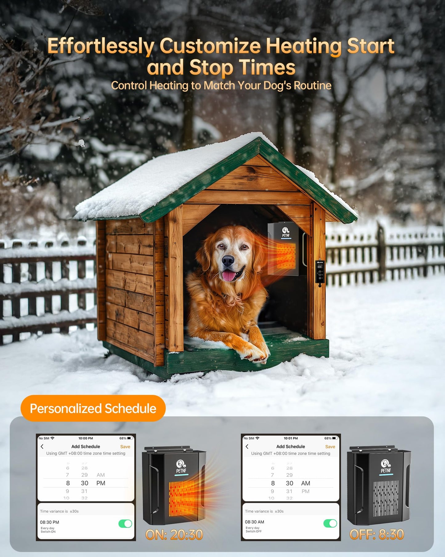 Dog House Heater – 45℉ to 113℉ Thermostat Controlled Pet House Heater with Wifi Remote App Control 300W Fast Heating Energy Saving Eco Mode Safe for Outside Dog House Winter Chicken Coop