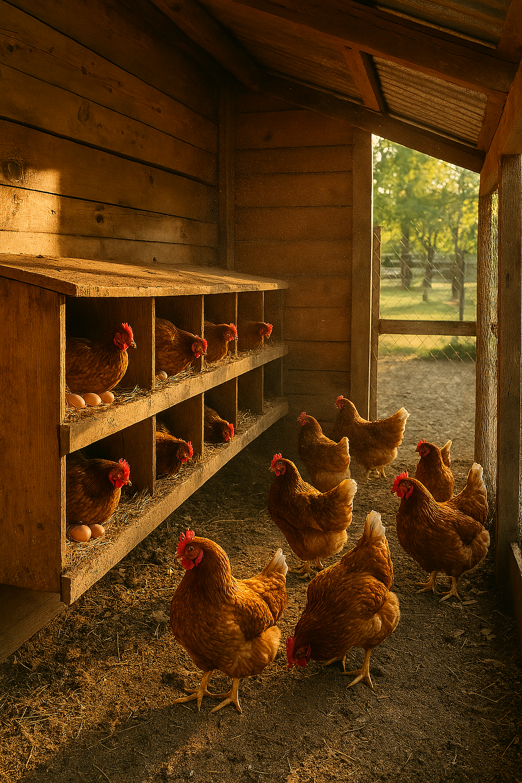 Wooden chicken coop with happy hens at PrimeFarmSupply, designed for safety, comfort, and sustainable backyard farming