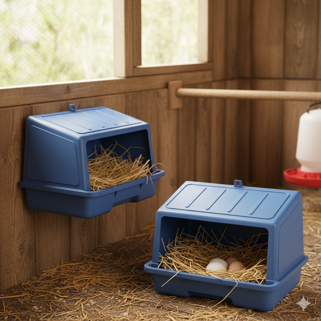 Blue waterproof plastic chicken nesting box for hens and small poultry.