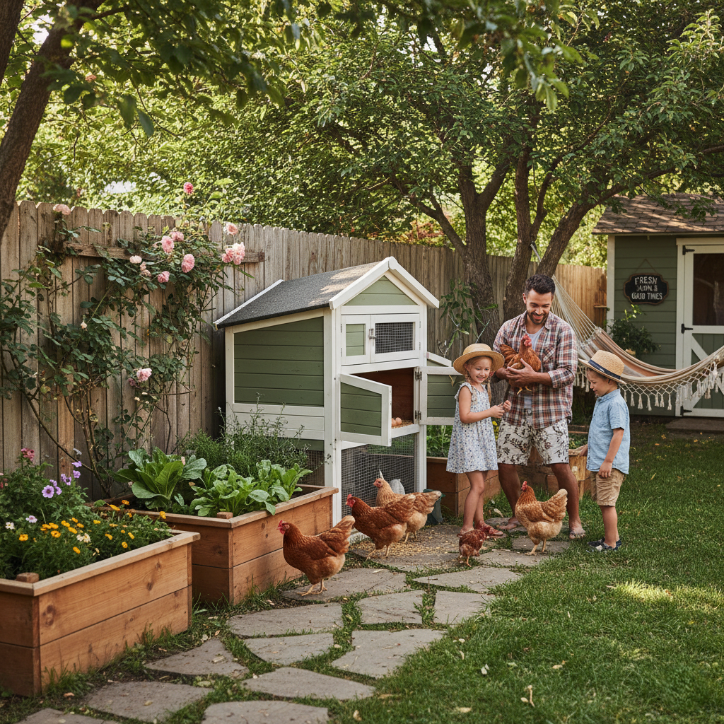 Backyard farm kit with chicken coop, garden beds, and family farming together outdoors