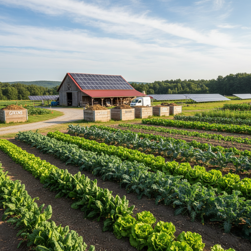 Eco-friendly sustainable farm with solar panels, compost bins, and green crops