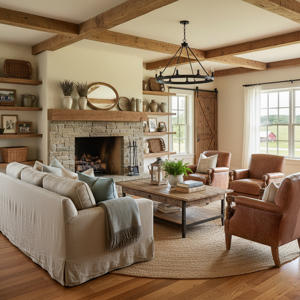 Rustic farmhouse living room decor with wooden shelves and plants.