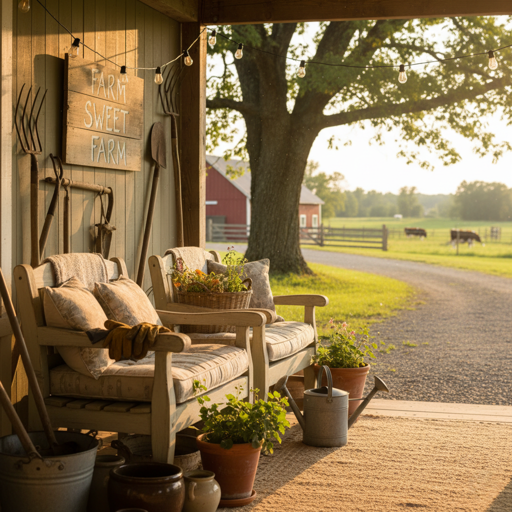 Rustic farmstead living essentials including gloves, benches, and outdoor furniture under sunlight
