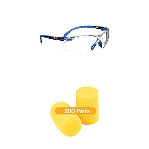 Bundle of 3M Safety Glasses, S1101SGAF, ANSI Z87, Scotchgard Anti-Fog Clear Lens, Low Profile Blue/Black Frame+ 3M Ear Plugs, 200 Pairs/Box, E-A-R Classic 312-1201, Uncorded, Disposable