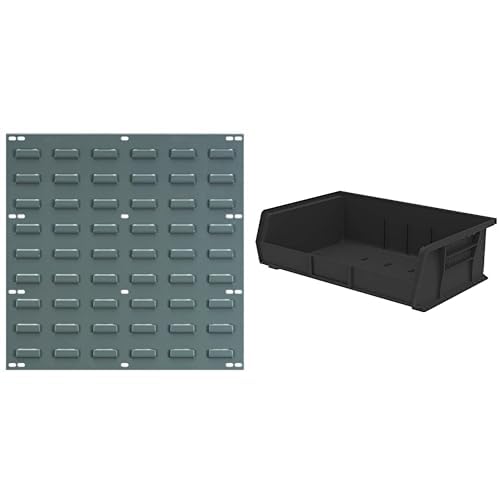 Akro-Mils 18"x19" Steel Wall Mount Louvered Panel with 6-Pack of 11 x16 x5 AkroBins Stackable Plastic Storage Bins (Black), Organization Bundle for Garage, Workshop, Classroom