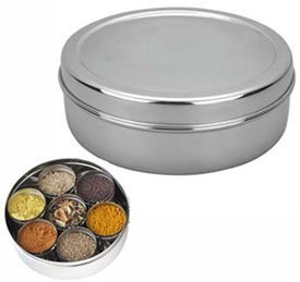 Chanaksha Trading Spice Container Stainless Steel Round Spices Box Kitchen Masala Dabba - Spice Container - Masala Dabba - 7 Compartments with 2 Spoon, Airtight Silver Color