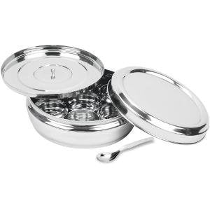 Chanaksha Trading Spice Container Stainless Steel Round Spices Box Kitchen Masala Dabba - Spice Container - Masala Dabba - 7 Compartments with 2 Spoon, Airtight Silver Color