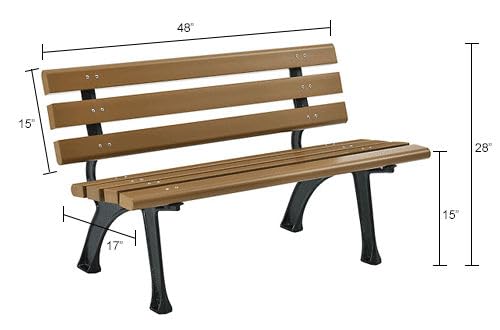 Global Industrial 4'L Outdoor Park Bench with Backrest, Recycled Plastic Slats, Wrought Iron Frame, 1100 lbs Capacity, Tan, Surface Mount, Easy Assembly