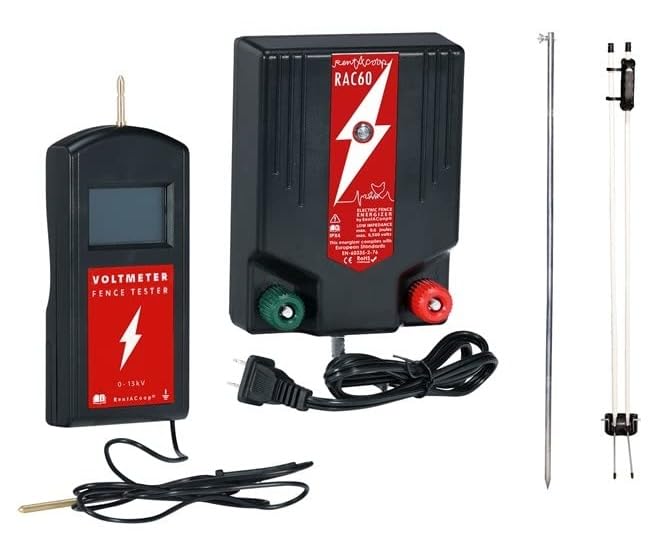 RentACoop Electric Poultry Netting Accessory Set - Includes - 0.6J Fence Charger, 3' Grounding Rod, Gate Handle Kit, and Voltmeter Fence Tester