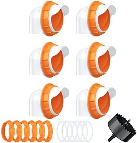 Chicken Feeders No Waste 6 Ports, 4 inch DIY Poultry Feeder with 6 Covers 1 Drill Bit, Rain Proof Automatic Gravity Chicken Feeder Kits for Buckets, Barrels, Bins, Troughs (Orange)