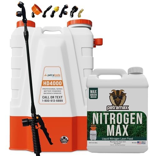 PetraTools Lawn Care Bundle, Battery-Powered Backpack Sprayer and Liquid Nitrogen Fertilizer