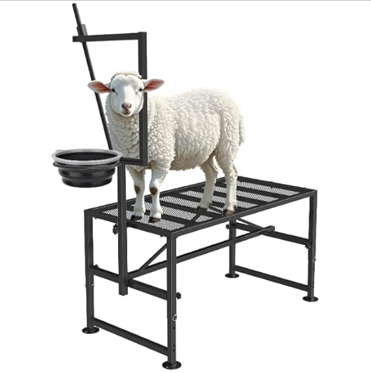Goat Stand with Feed Bin for Milking, 600LBs Goat Trimming Stand, Livestock Table for Sheep Trimming Hoof and Milking, Iron Black, Adjustable Size