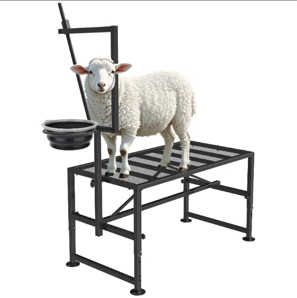 Bknius Goat Stand with Feed Bin for Milking, 600LBs Goat Trimming Stand, Livestock Table for Sheep Trimming Hoof and Milking, Iron Black, Adjustable Size