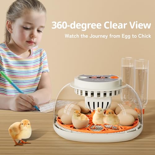 Egg Incubator with Temperature and Humidity Control, Automatic Egg Turner, Egg Candler, External Water Bottle Refill, Air Vent, 360° Clear View, Hatching Chicken Duck Quail Bird, APDOE HatchPro 12
