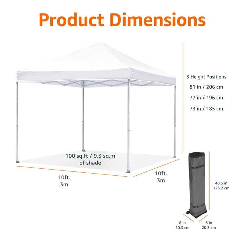 Amazon Basics Outdoor Pop Up 10 x 10 Canopy Tent for Events, Portable with Easy Setup, One-Push, Includes Wheeled Carry Bag, 8 Pegs, 4 Ropes, 4 Weighted Bags, White
