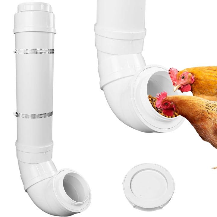 BOUTICOL Automatic Chicken Feeder with 2 Covers Duty PVC Pipe No Waste Chicken Coop Feeder 6.6 Pounds Large Chicken Feeder Hanging Chicken Feeder