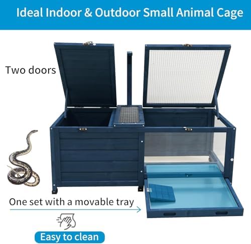 Wooden Tortoise House Indoor Large Tortoise Habitat Reptile Cage with Tray, Snake Turtle Box Reptile Terrarium Bunny Hutch for Small Animals, Blue