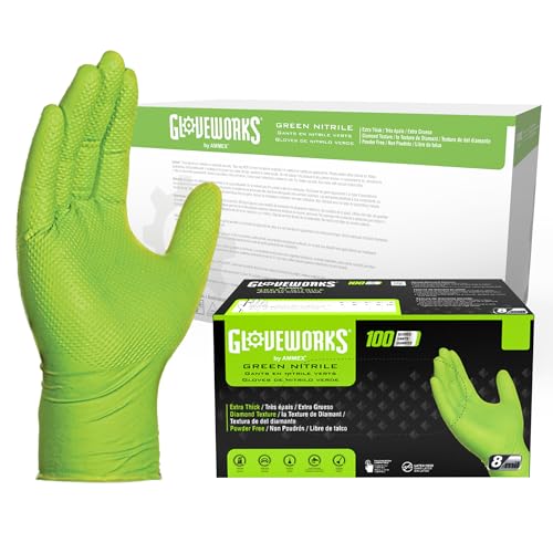 GLOVEWORKS HD Green Nitrile Industrial Disposable Gloves, 8 Mil, Latex-Free, Raised Diamond Texture, Large, Case of 1000