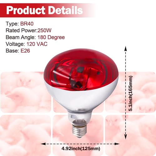 Tujinxiangsheng 250 Watt R40 Red Heat Lamp Bulbs (2-Pack) - Infrared Incandescent Light Bulb for Chickens, Chicks, Reptiles, Pets, Poultry, Brooder, Coop, Bathroom & Sauna - E26 Base, 120V