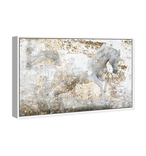 Country Farmhouse Canvas Print Painting Animal Wall Art 'Running Horse' White Framed Canvas Rustic Home Décor 54x36 in White, Gold by Oliver Gal