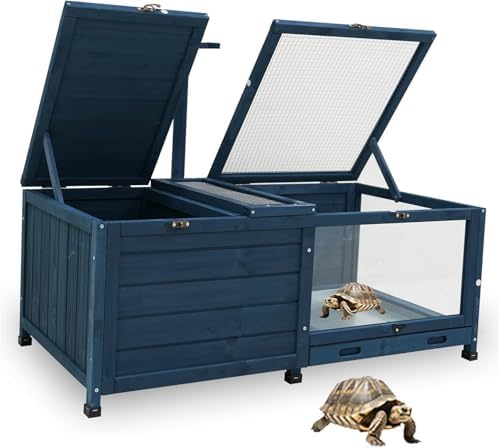 Wooden Tortoise House Indoor Large Tortoise Habitat Reptile Cage with Tray, Snake Turtle Box Reptile Terrarium Bunny Hutch for Small Animals, Blue