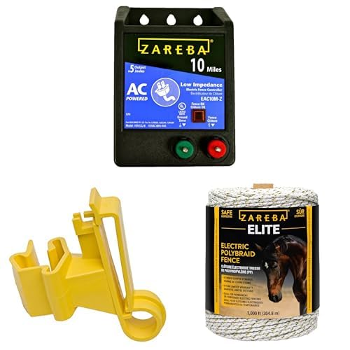Zareba EAC10M-Z AC Powered Electric Fence Charger - 10 Mile Plug-in Electric Fence Energizer+ ITTY-Z T-Post Poly Tape Insulator, 25 per Bag,Yelllow, Large + Polybraid Electric Fence for Horses