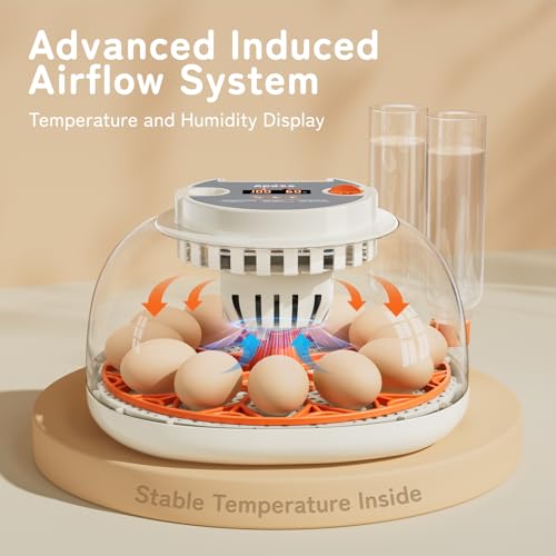 Egg Incubator with Temperature and Humidity Control, Automatic Egg Turner, Egg Candler, External Water Bottle Refill, Air Vent, 360° Clear View, Hatching Chicken Duck Quail Bird, APDOE HatchPro 12