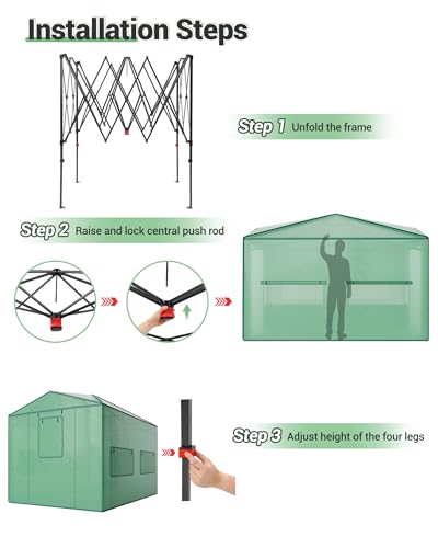 8X12 FT Portable Greenhouse for Outdoor,243 x 365 CM Wall in Pop Up Greenhouse for Gardening Plant, Zipper Roll Up Door & 4 Mesh Window, Double Frame, PE Cover Grow Tent for Winter, Green