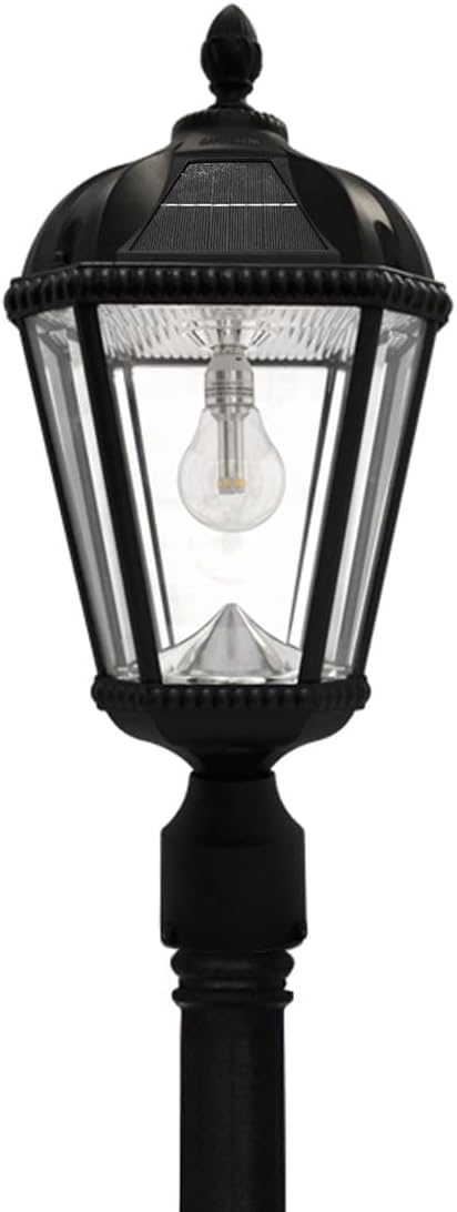 Gama Sonic Solar Outdoor Lamp Post Light, Black Cast Aluminum and Beveled Glass Panels, 10-Year Royal Bulb, Warm White LED with Omni-Direction Reflector, 87-inch Height, 98B001 (Upgraded Panel)