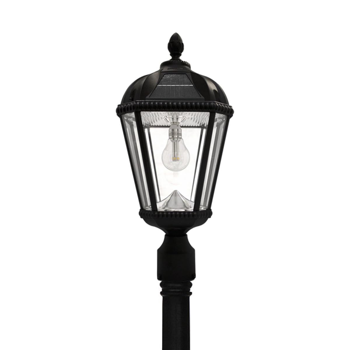 Gama Sonic Solar Outdoor Lamp Post Light, Black Cast Aluminum and Beveled Glass Panels, 10-Year Royal Bulb, Warm White LED with Omni-Direction Reflector, 87-inch Height, 98B001 (Upgraded Panel)