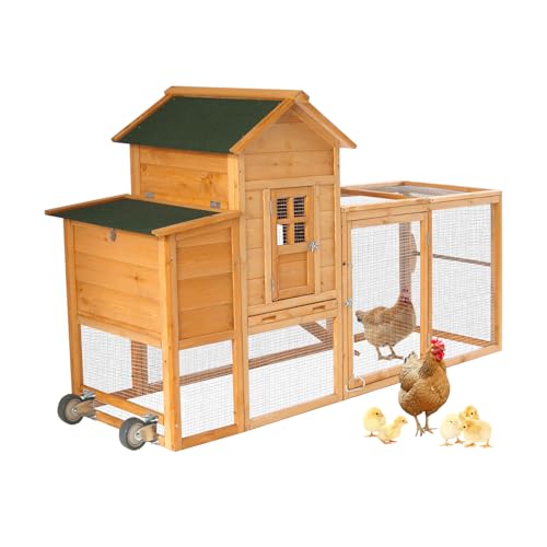 ECOLINEAR Large Chicken Coop with Wheels, Waterproof Outdoor Hen House for 6-8 Chickens, Movable Chicken House with Two Nesting Box, Removable Tray, PVC Cover, Wooden Duck Coop Rabbit Hutch