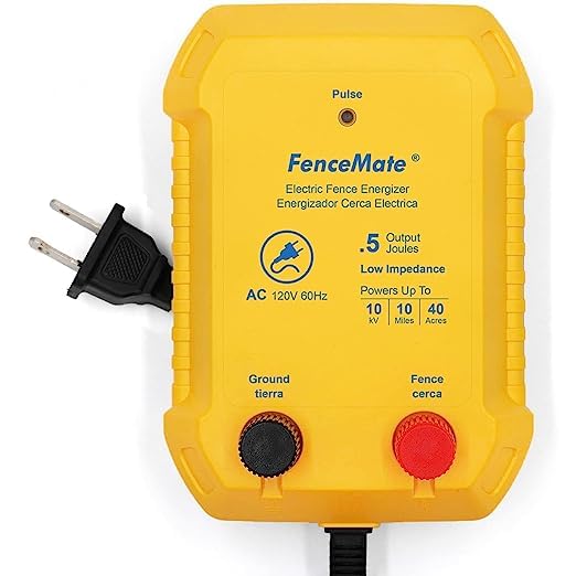 FenceMate AC Powered Electric Fence Charger Output 0.5J up to 10 Miles to Constrain Poultry, Pet, Hobby Animal, Fencer to Protect Homestead, Garden, Pond, Orchard,Fence Energizer Peak 10 kV