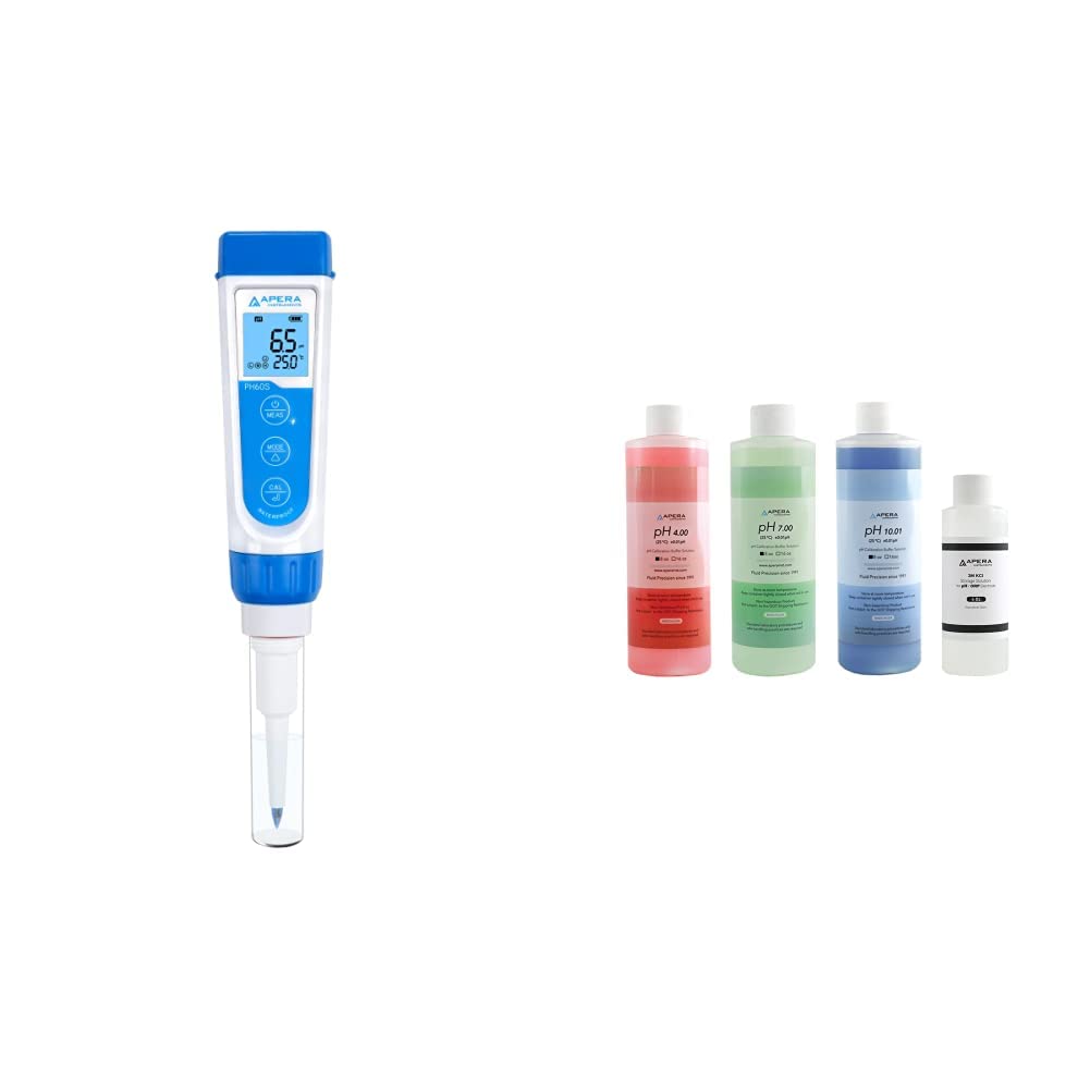 Apera Instruments Premium-Series PH60S Food pH Pocket Tester Kit & LLC-AI1109 8oz. pH Calibration Buffer Solution Kit (pH 4.00, 7.00 & 10.01)