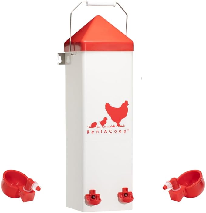RentACoop 2 Gallon Chicken Waterer with Auto-Fill Cups, Horizontal Nipples, Anti-Roost Cone and Mounting Kit - Suitable for Chickens, Quail, Ducks, Geese, Turkey and More