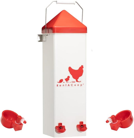 RentACoop 2 Gallon Chicken Waterer with Auto-Fill Cups, Horizontal Nipples, Anti-Roost Cone and Mounting Kit - Suitable for Chickens, Quail, Ducks, Geese, Turkey and More