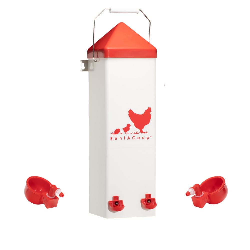 RentACoop 2 Gallon Chicken Waterer with Auto-Fill Cups, Horizontal Nipples, Anti-Roost Cone and Mounting Kit - Suitable for Chickens, Quail, Ducks, Geese, Turkey and More