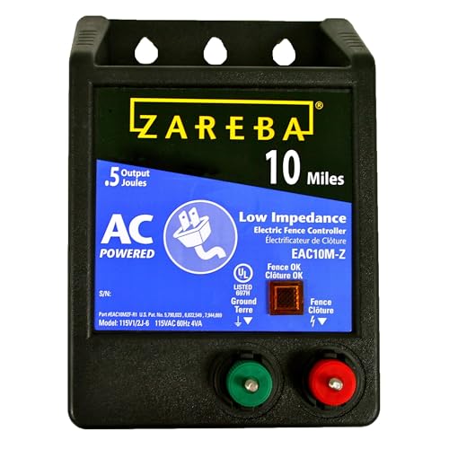 Zareba EAC10M-Z AC Powered Electric Fence Charger - 10 Mile Plug-in Electric Fence Energizer+ ITTY-Z T-Post Poly Tape Insulator, 25 per Bag,Yelllow, Large + Polybraid Electric Fence for Horses