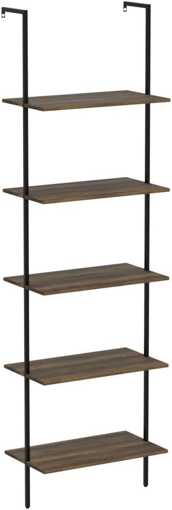 Wolawu 5 Tiers Ladder Shelf 2-Piece Black Modern Tall Bookshelf Open Large Tall Wall Mount Storage Bookcase Standing Leaning Wall Shelves Industrial Decorative (Brown)