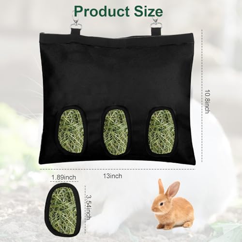 2 Pcs Rabbit Hay Feeder,Guinea Pig Hay Feeder,13×10.8 Inch Guinea Pig Bag,Small Animal Feeding Bag for Rabbits, Hamsters, Hedgehogs (3 Holes,Black)